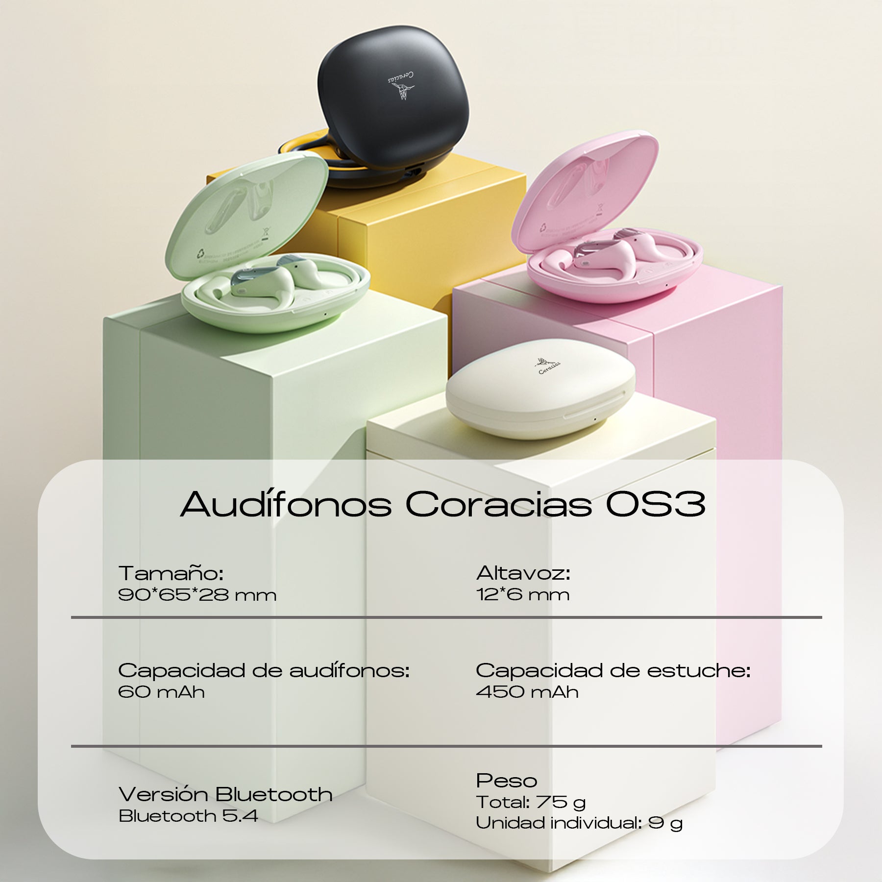 CORACIAS OS3 Auriculares Bluetooth 5.4 Inalámbricos, Diseño Abierto Ultraligero, Sonido Envolvente 3D, Cancelación de Ruido AI, IPX4, 32h de Batería, Micrófono HD, Controles Táctiles