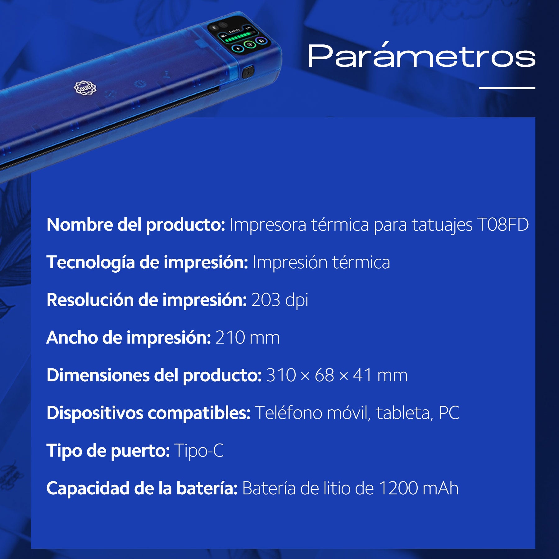 Termoimpresora para tatuajes OUO con pantalla HD, impresión clara, conexión inalámbrica y diseño compacto.
