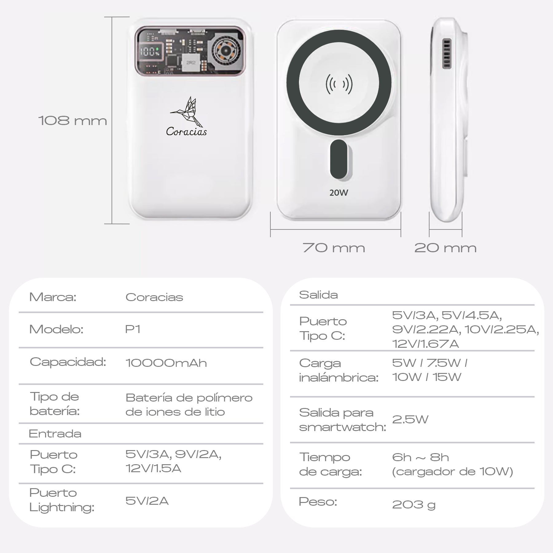 Power Bank Inalámbrica Carga Rápida PD20W CORACIAS P1