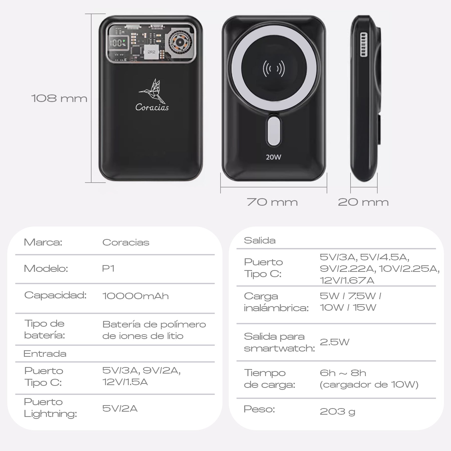 Power Bank Inalámbrica Carga Rápida PD20W CORACIAS P1