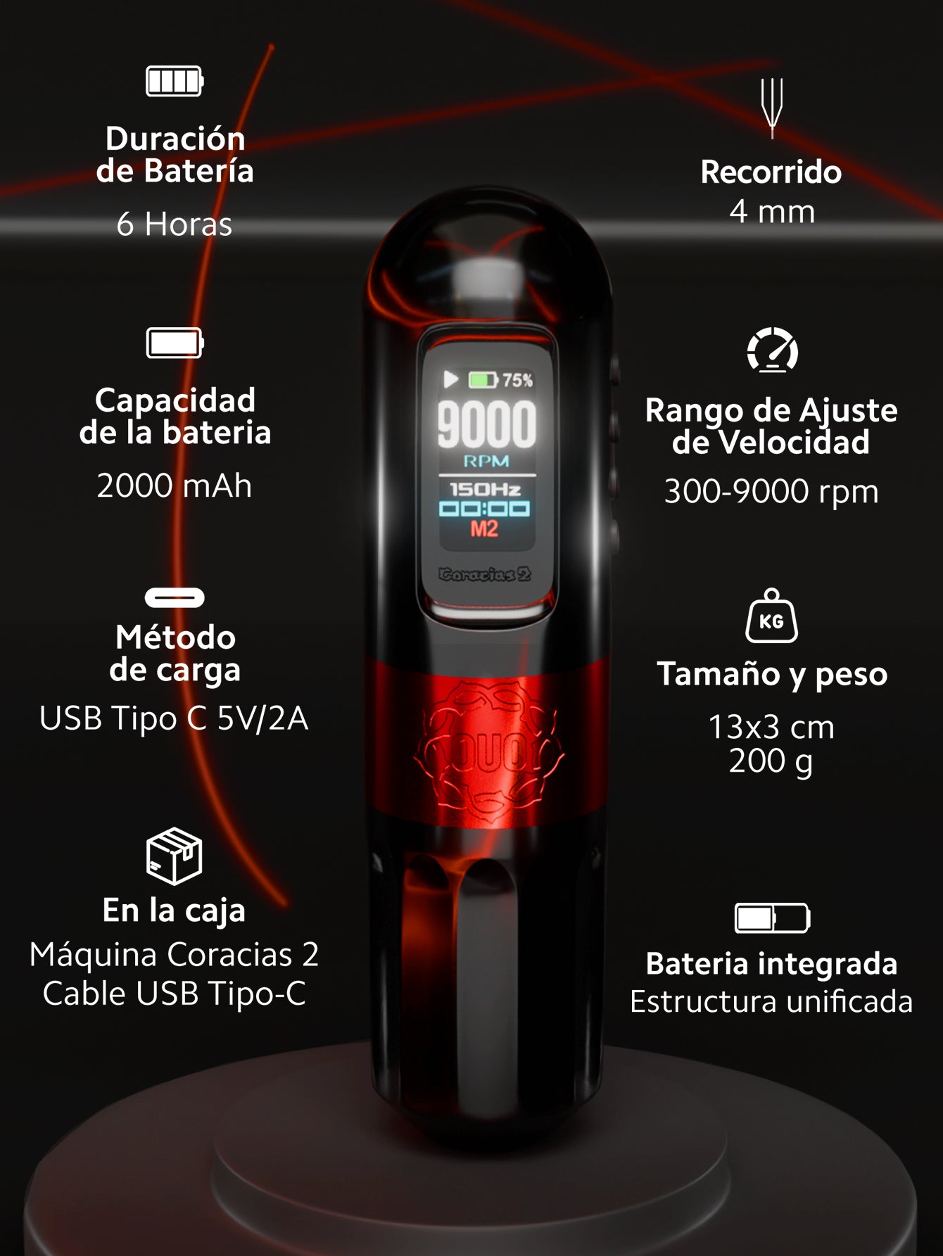 Máquina para Tatuar Inalámbrica OUO Coracias 2, Precisión y Control en Cada Trazo, con Carga Rápida, Pantalla HD y Stroke de 4 mm