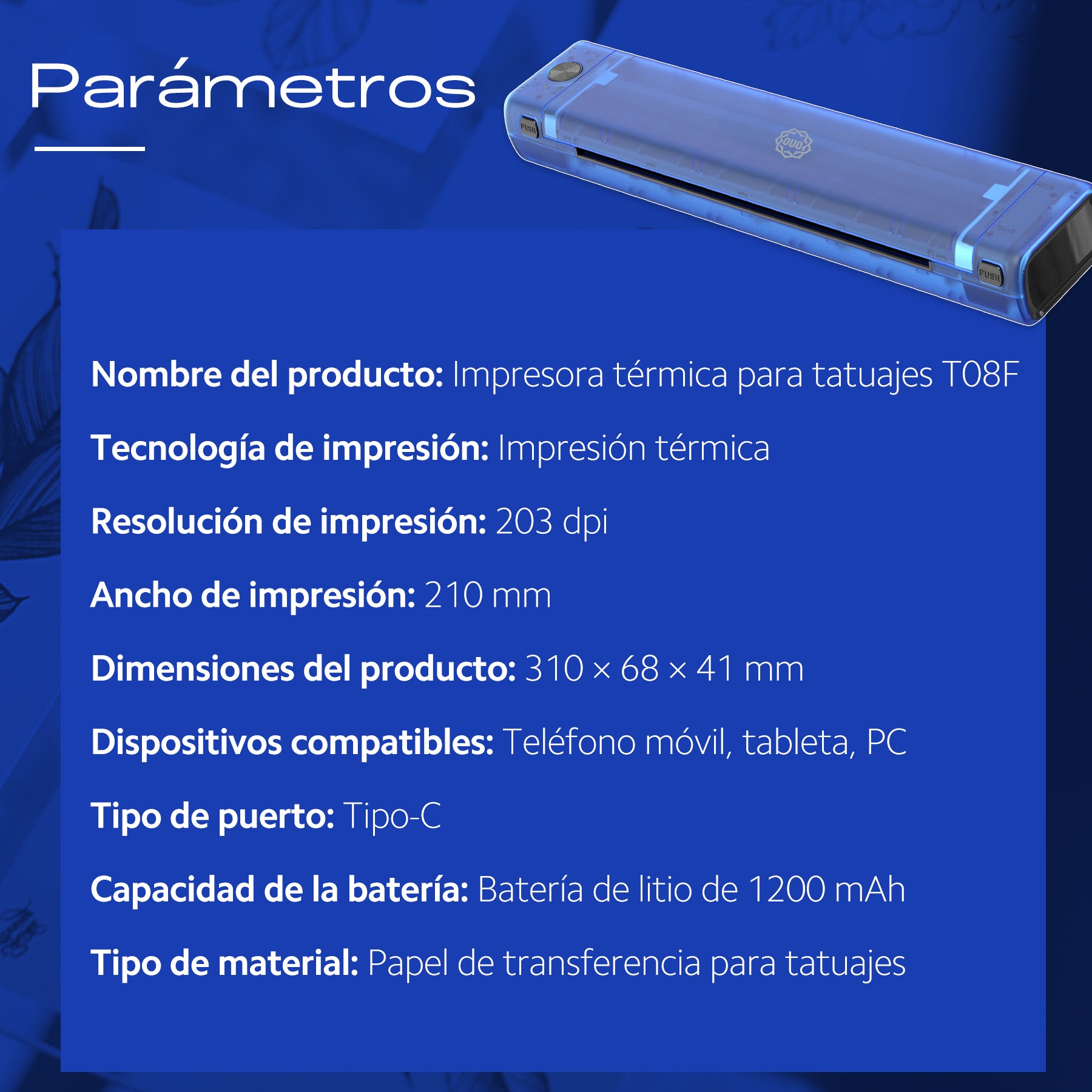 Impresora de Tatuajes Térmica Inalámbrica OUO T08FS | Transferencias Precisas y Rápidas