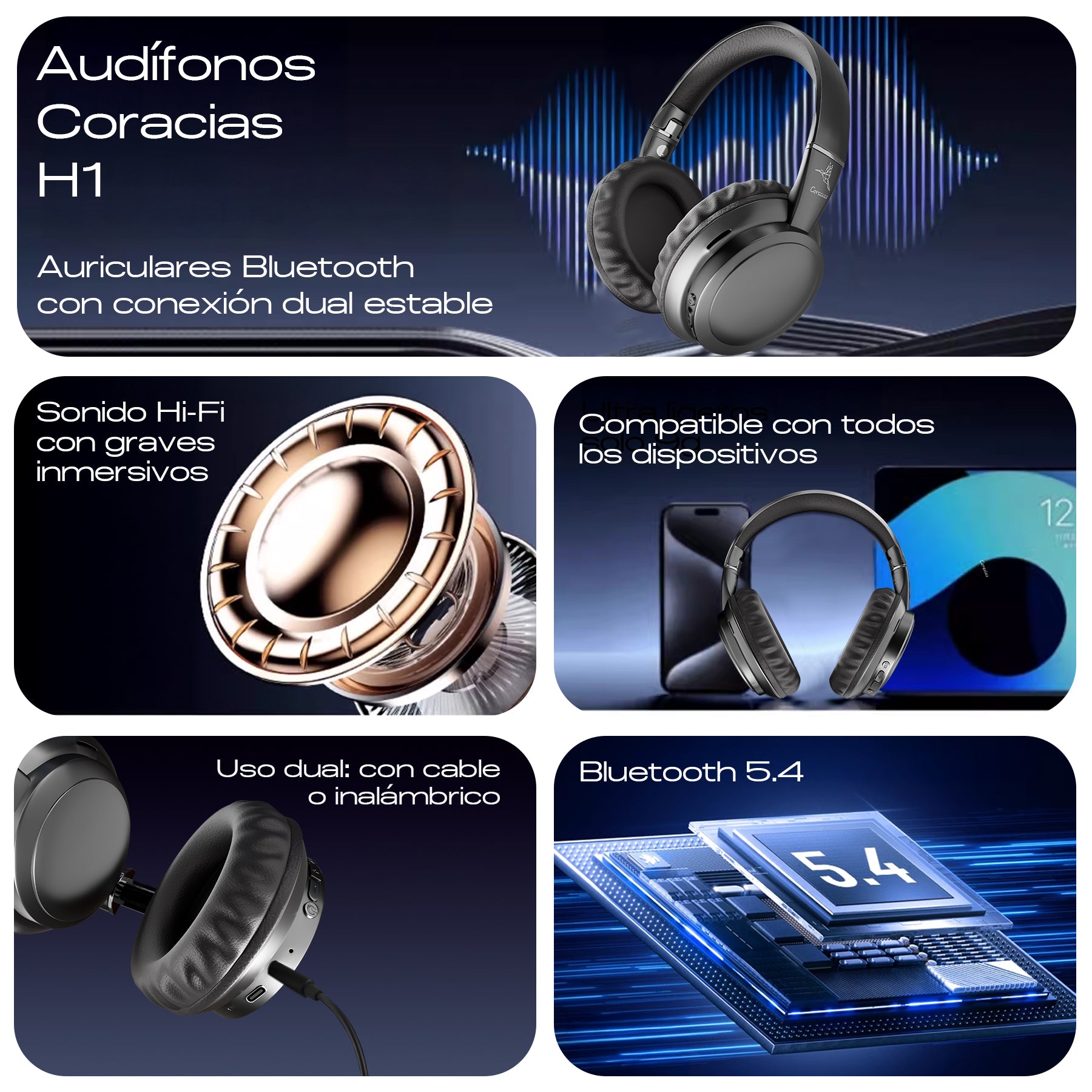 Audífonos Inalámbricos De Diadema con Cancelación de Ruido CORACIAS H1