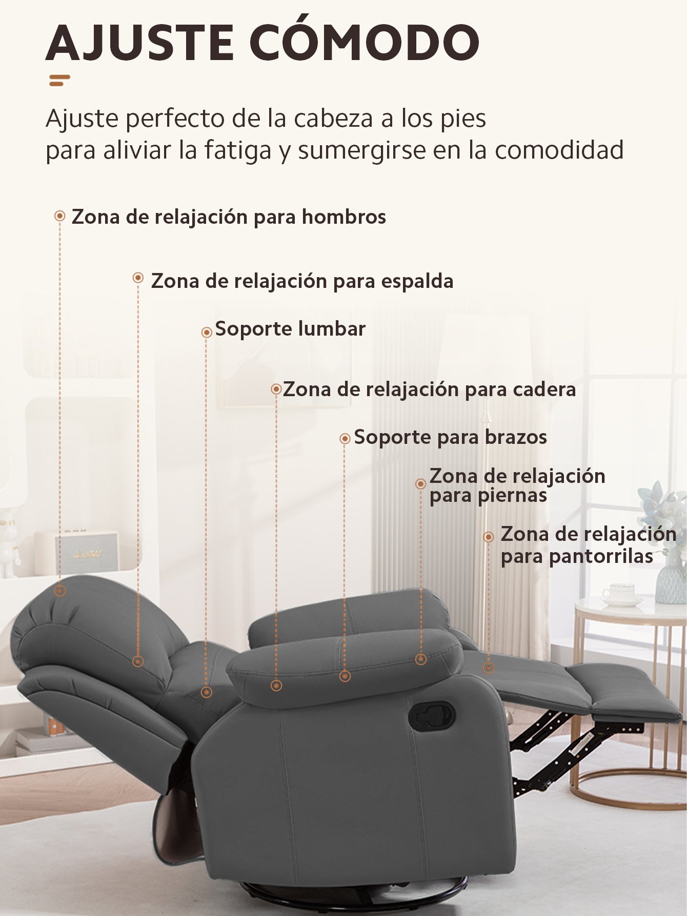 Sillón Sofá Reclinable Giratorio y Mecedor OUO D008 | Con Reposapiés y Rotación 360°