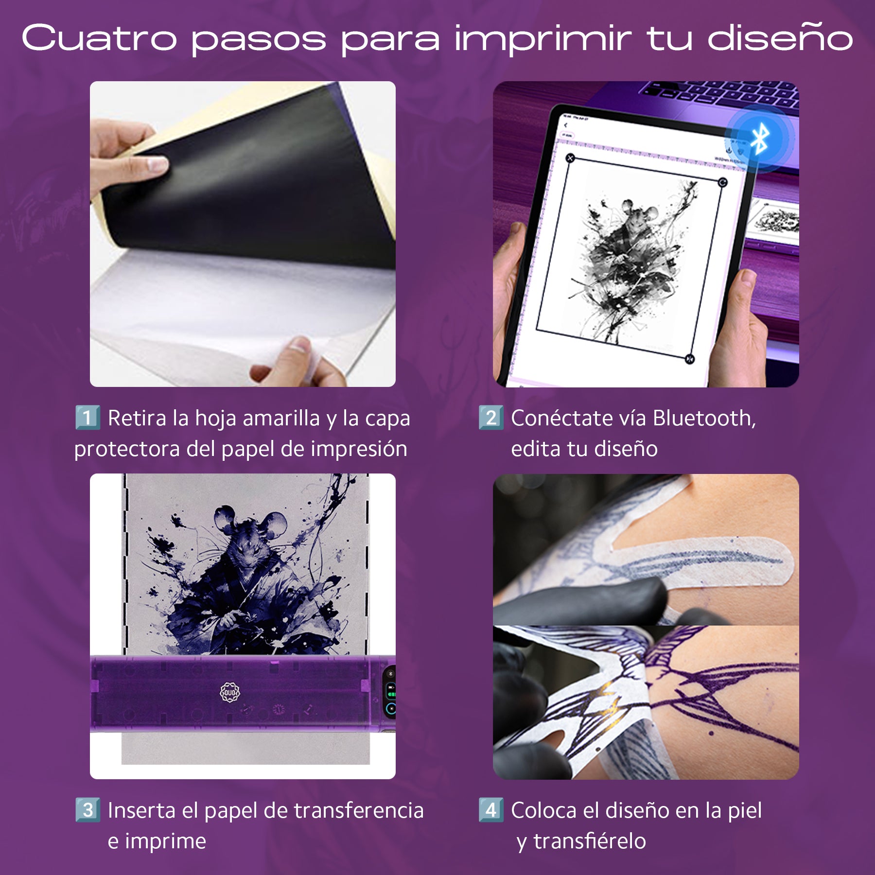 Termoimpresora para tatuajes OUO con pantalla HD, impresión clara, conexión inalámbrica y diseño compacto.