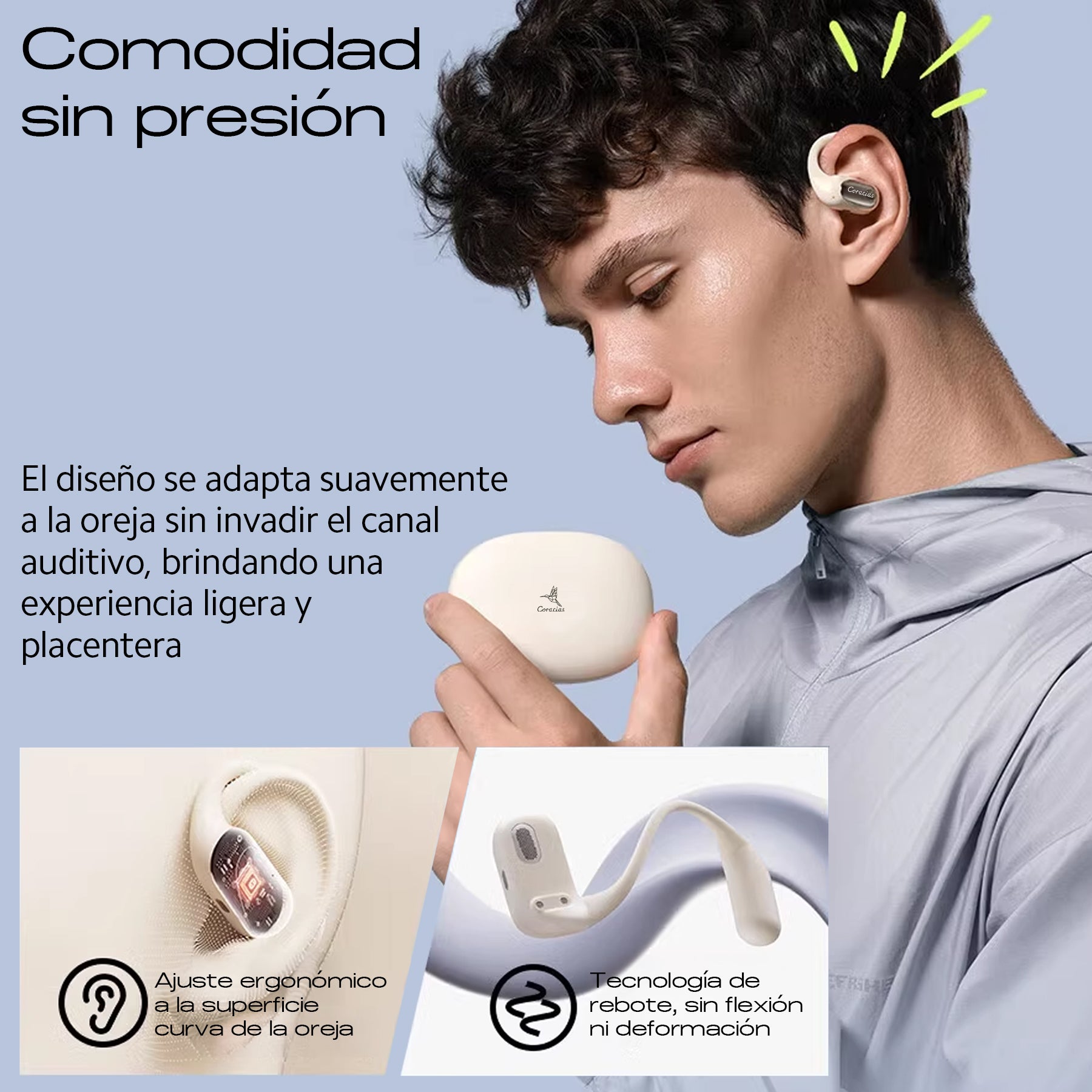 CORACIAS OS3 Auriculares Bluetooth 5.4 Inalámbricos, Diseño Abierto Ultraligero, Sonido Envolvente 3D, Cancelación de Ruido AI, IPX4, 32h de Batería, Micrófono HD, Controles Táctiles