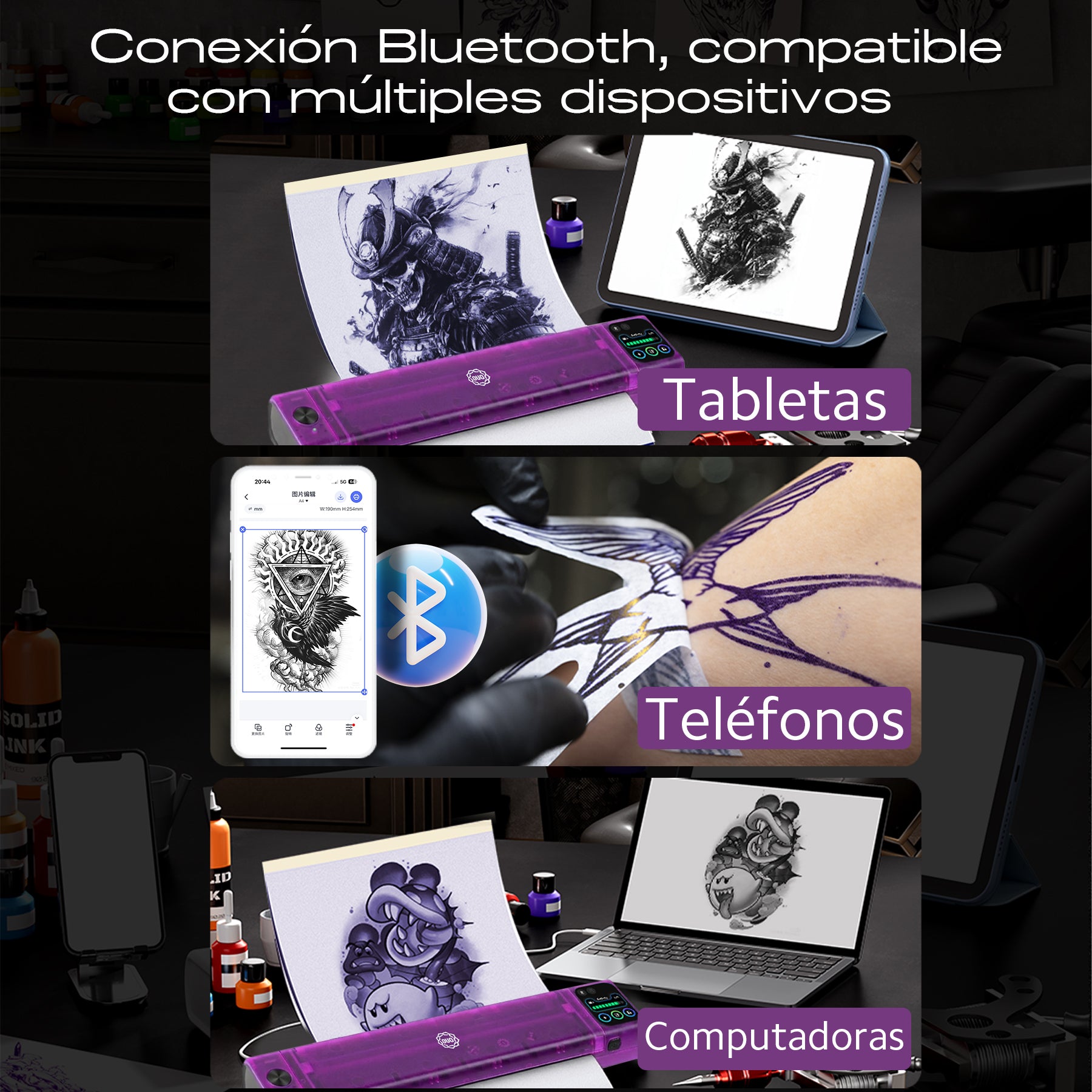 Termoimpresora para tatuajes OUO con pantalla HD, impresión clara, conexión inalámbrica y diseño compacto.