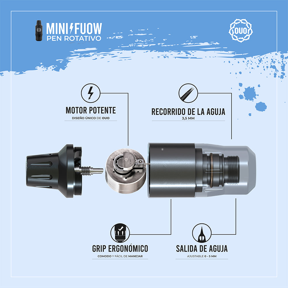 Kit de Tatuaje OUO Profesional con Máquina mini Fuow y Batería Inalambrica. Tinta Negra, Espuma Limpiadora, Vaselina y Accesorios