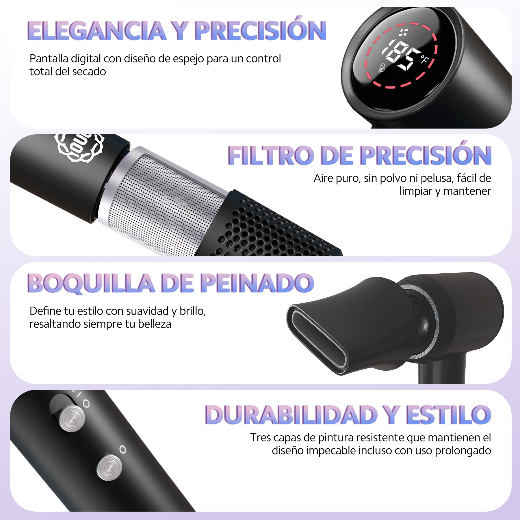 Secadora de Cabello con Iones Negativos, Difusor para Rizos y Boquilla Alaciadora | OUO 110,000 RPM Ligera, Silenciosa y Profesional