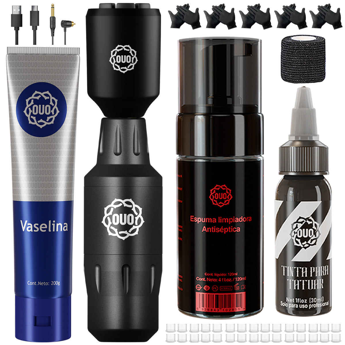 Kit de Tatuaje OUO Profesional con Máquina mini Fuow y Batería Inalambrica. Tinta Negra, Espuma Limpiadora, Vaselina y Accesorios