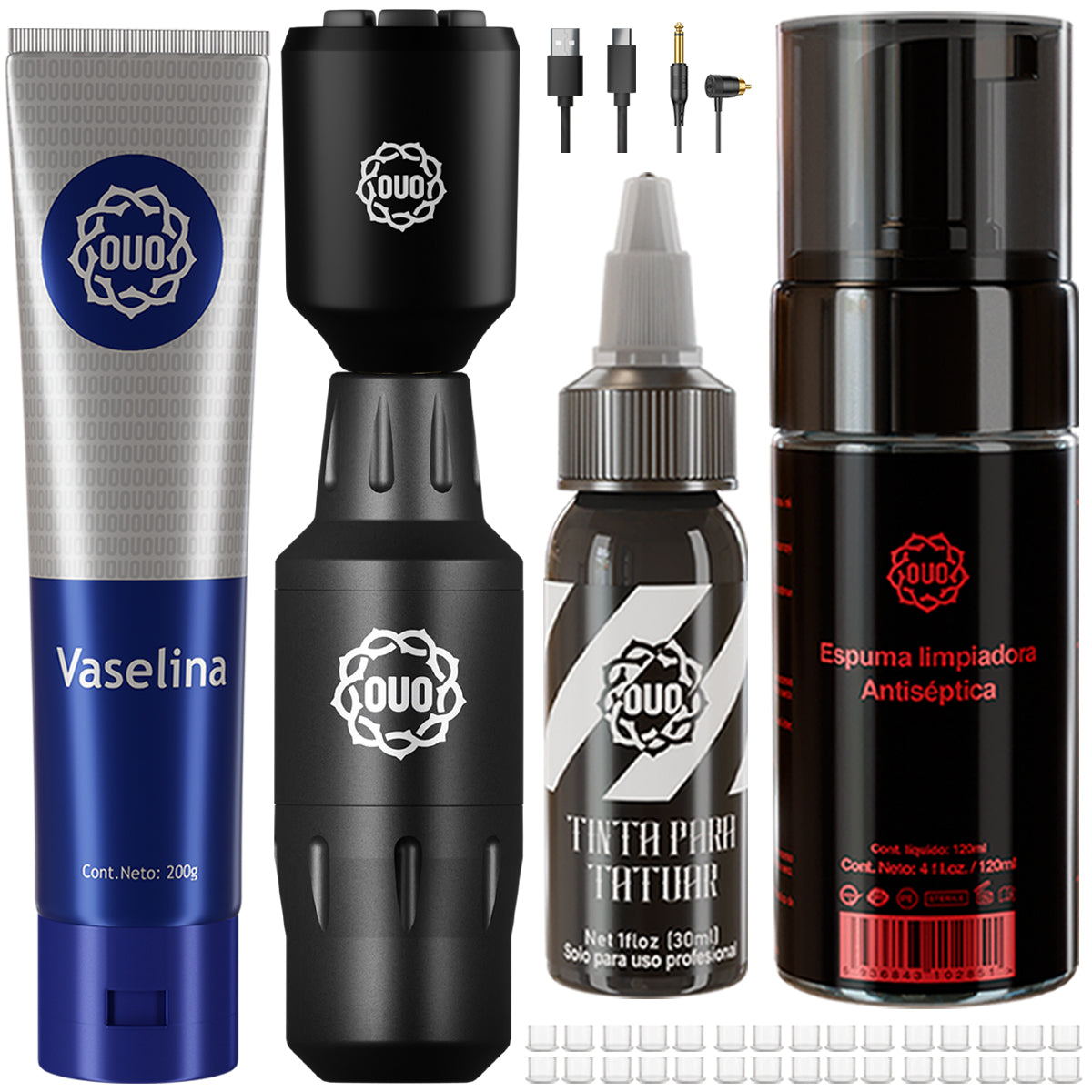 Kit de Tatuaje OUO Profesional con Máquina mini Fuow y Batería Inalambrica. Tinta Negra, Espuma Limpiadora, Vaselina y Accesorios