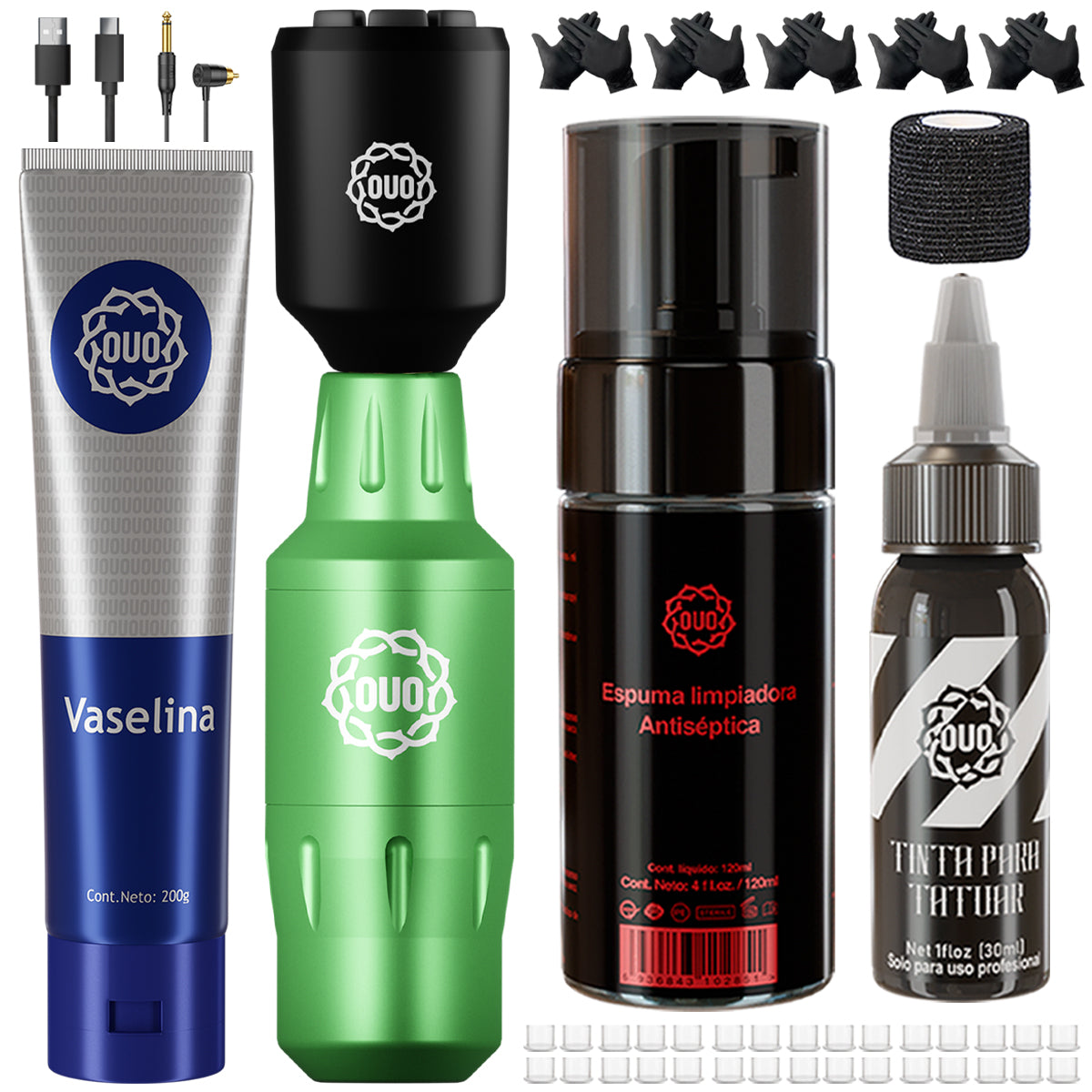 Kit de Tatuaje OUO Profesional con Máquina mini Fuow y Batería Inalambrica. Tinta Negra, Espuma Limpiadora, Vaselina y Accesorios