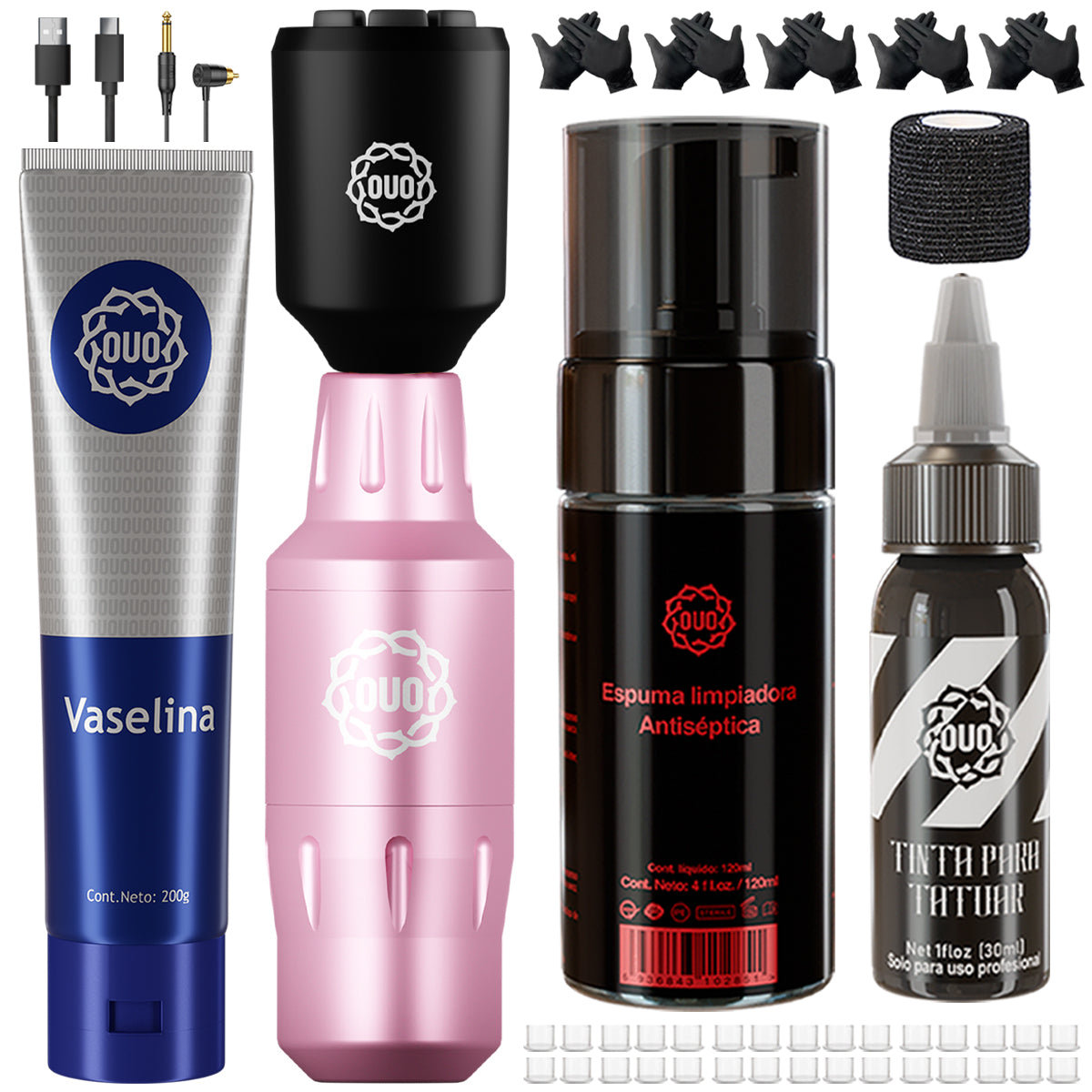 Kit de Tatuaje OUO Profesional con Máquina mini Fuow y Batería Inalambrica. Tinta Negra, Espuma Limpiadora, Vaselina y Accesorios