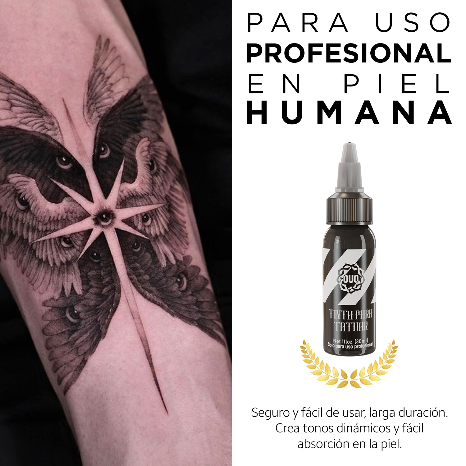 Kit de Tatuaje OUO Profesional con Máquina mini Fuow y Batería Inalambrica. Tinta Negra, Espuma Limpiadora, Vaselina y Accesorios