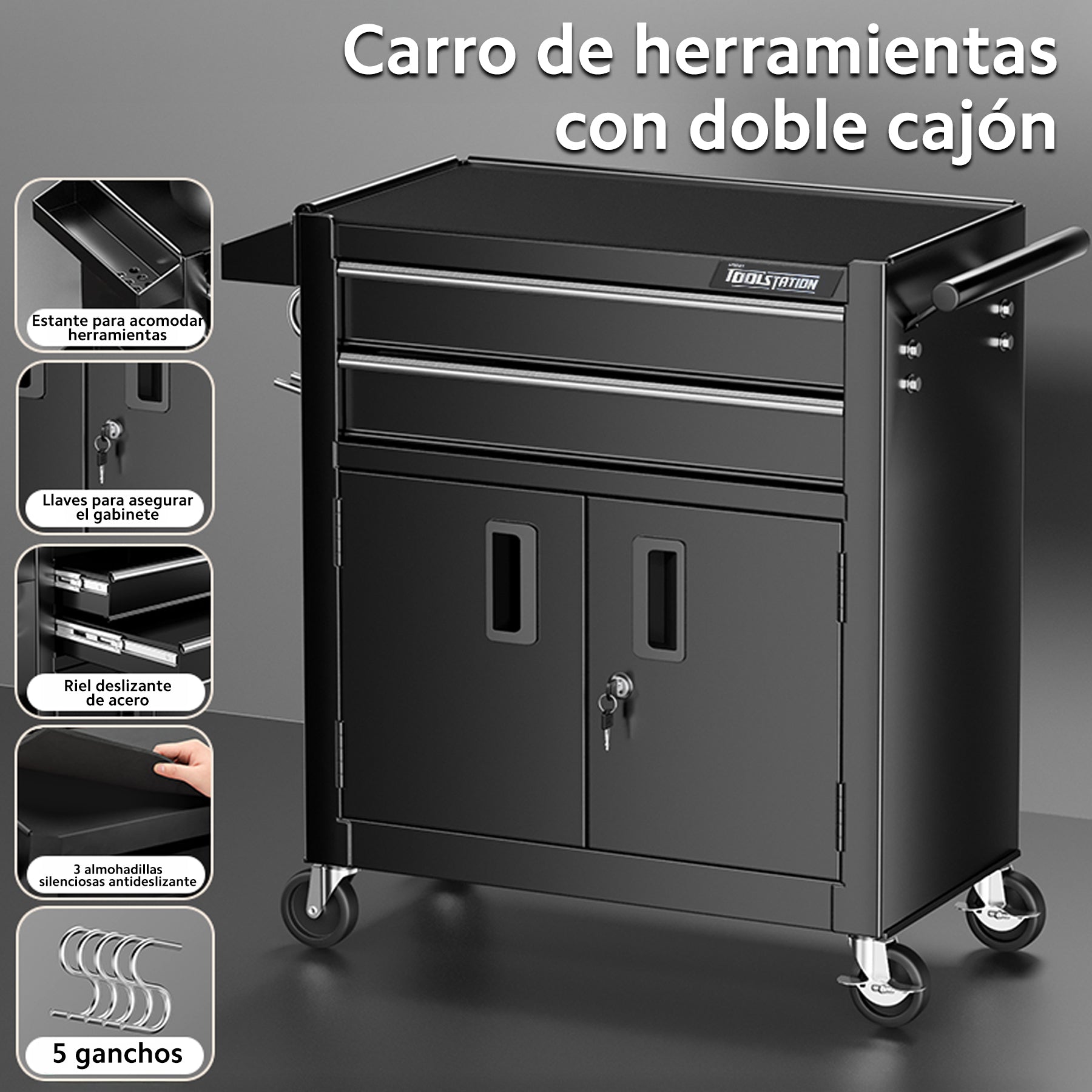 OUO Carrito de Trabajo Profesional Resistente 200kg con Ruedas y Cajones, Mesa Auxiliar para Tatuaje Estética Peluquería Spa Taller Estilistas Barbería | Estación Profesional con Cajones, Mesa de Trabajo y Organizador (Negro)