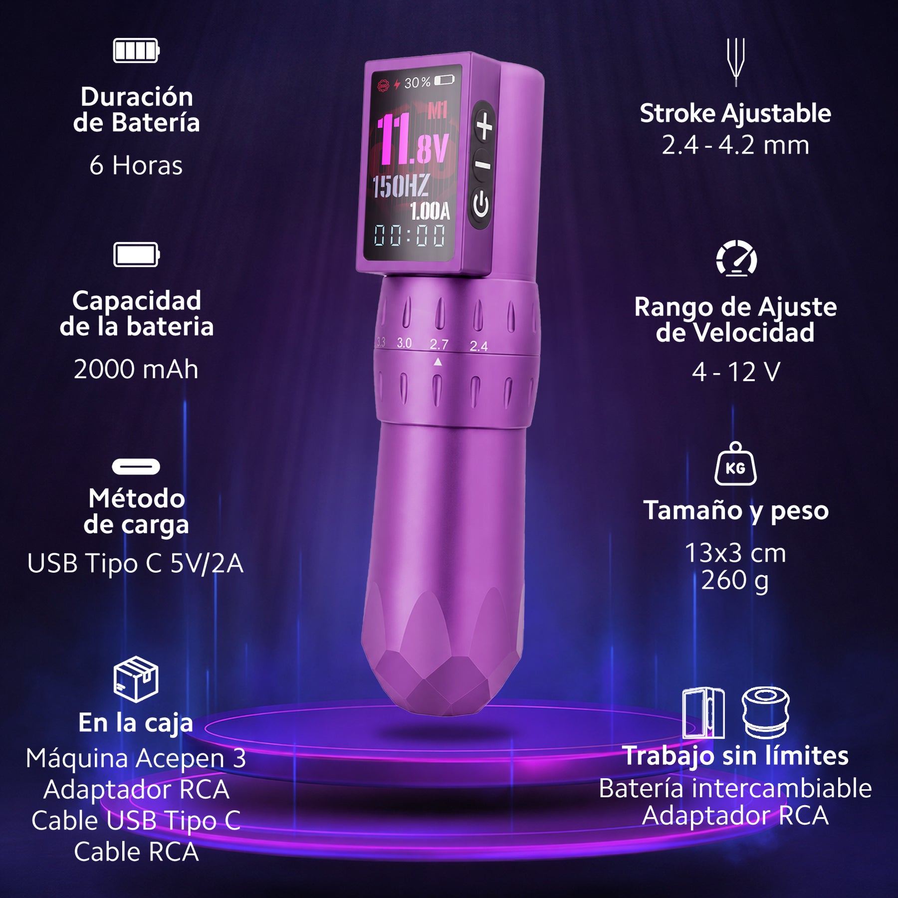 Máquina de Tatuar Inalámbrica Ace Pen 3 | Stroke Ajustable 2.4-4.2 mm | Batería Intercambiable 2000 mAh