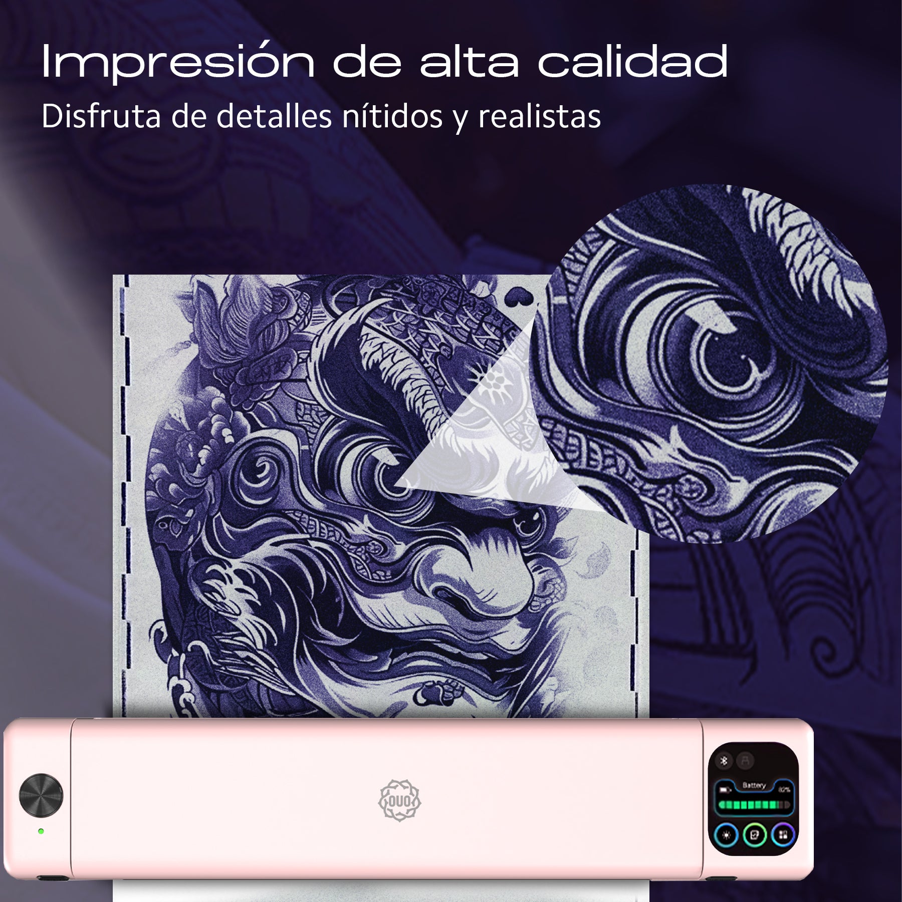 Termoimpresora para tatuajes OUO con pantalla HD, impresión clara, conexión inalámbrica y diseño compacto.
