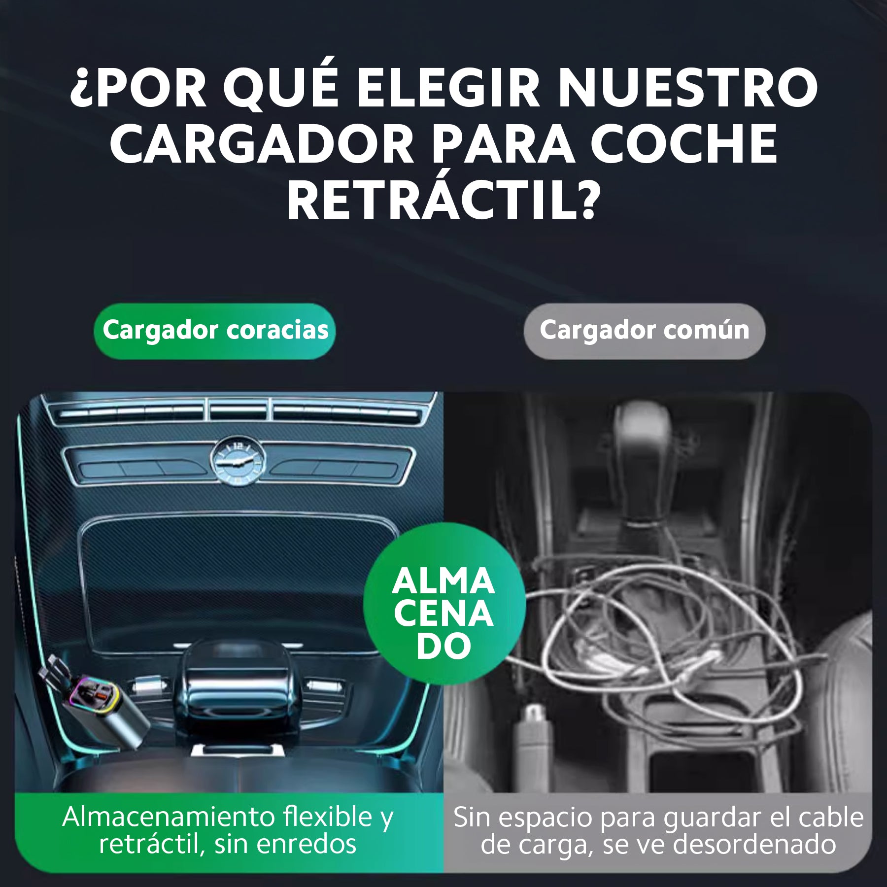 Cargador de Coche Retráctil 4 en 1 Coracias B1 | Carga Rápida 65W, Iluminación LED y Pantalla de Voltaje