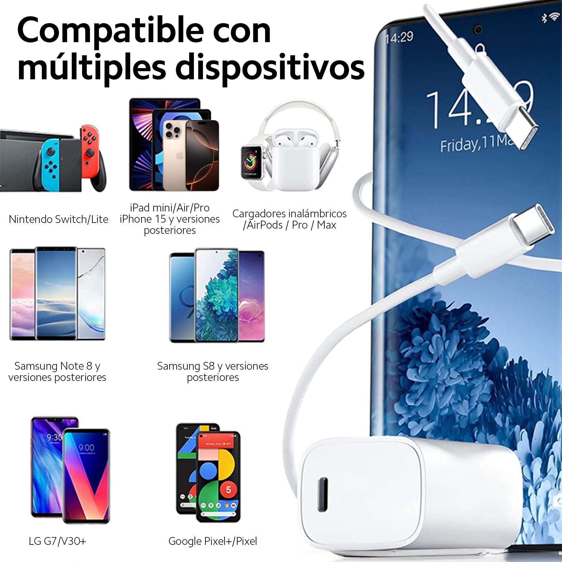 OUO M20 Cargador Tipo C 20W de Carga Rápida Power Delivery con Cable 1m para Celular, Dispositivos electrónicos y Máquinas de Tatuaje: Coracias 2 y Acepen 3
