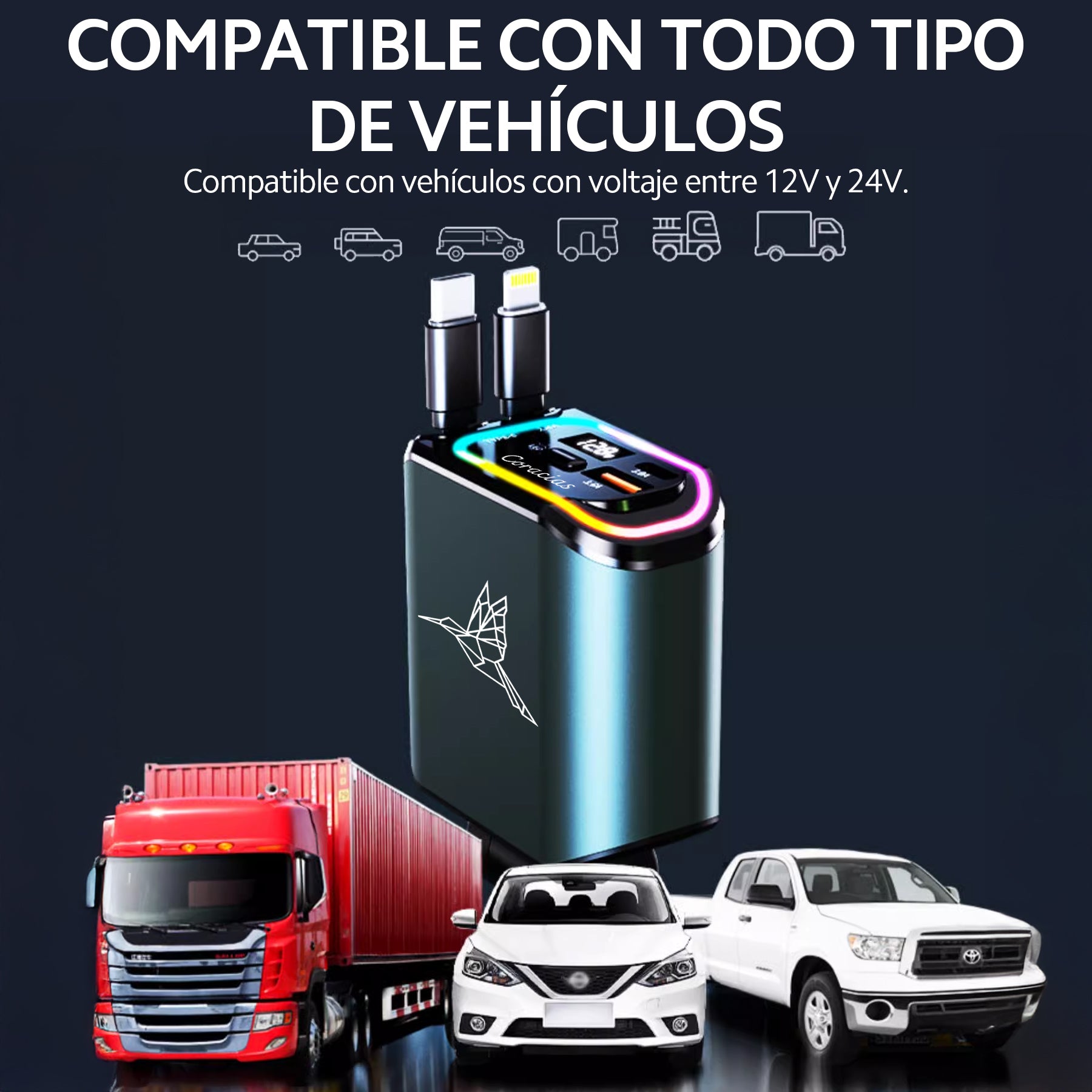 Cargador de Coche Retráctil 4 en 1 Coracias B1 | Carga Rápida 65W, Iluminación LED y Pantalla de Voltaje