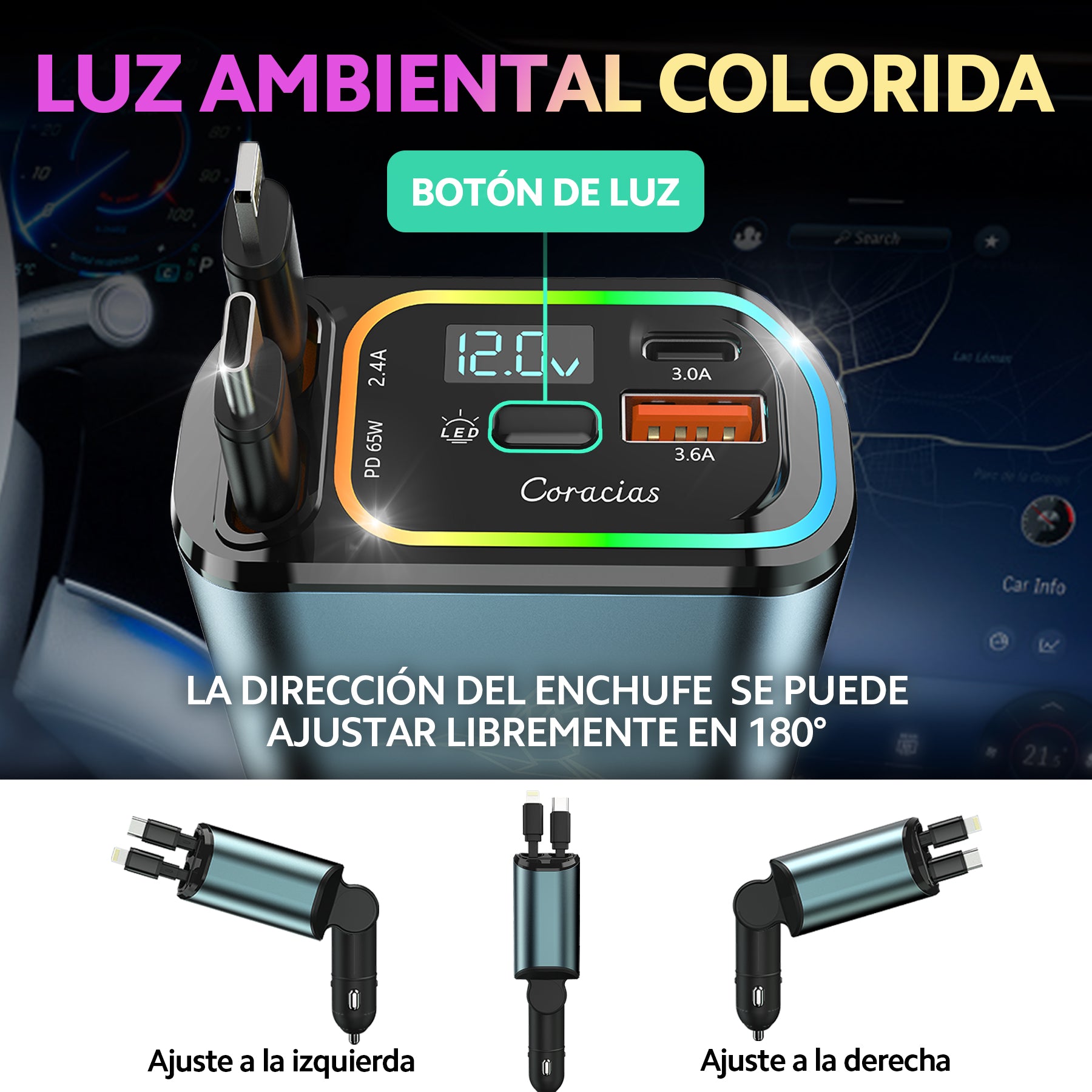 Cargador de Coche Retráctil 4 en 1 Coracias B1 | Carga Rápida 65W, Iluminación LED y Pantalla de Voltaje