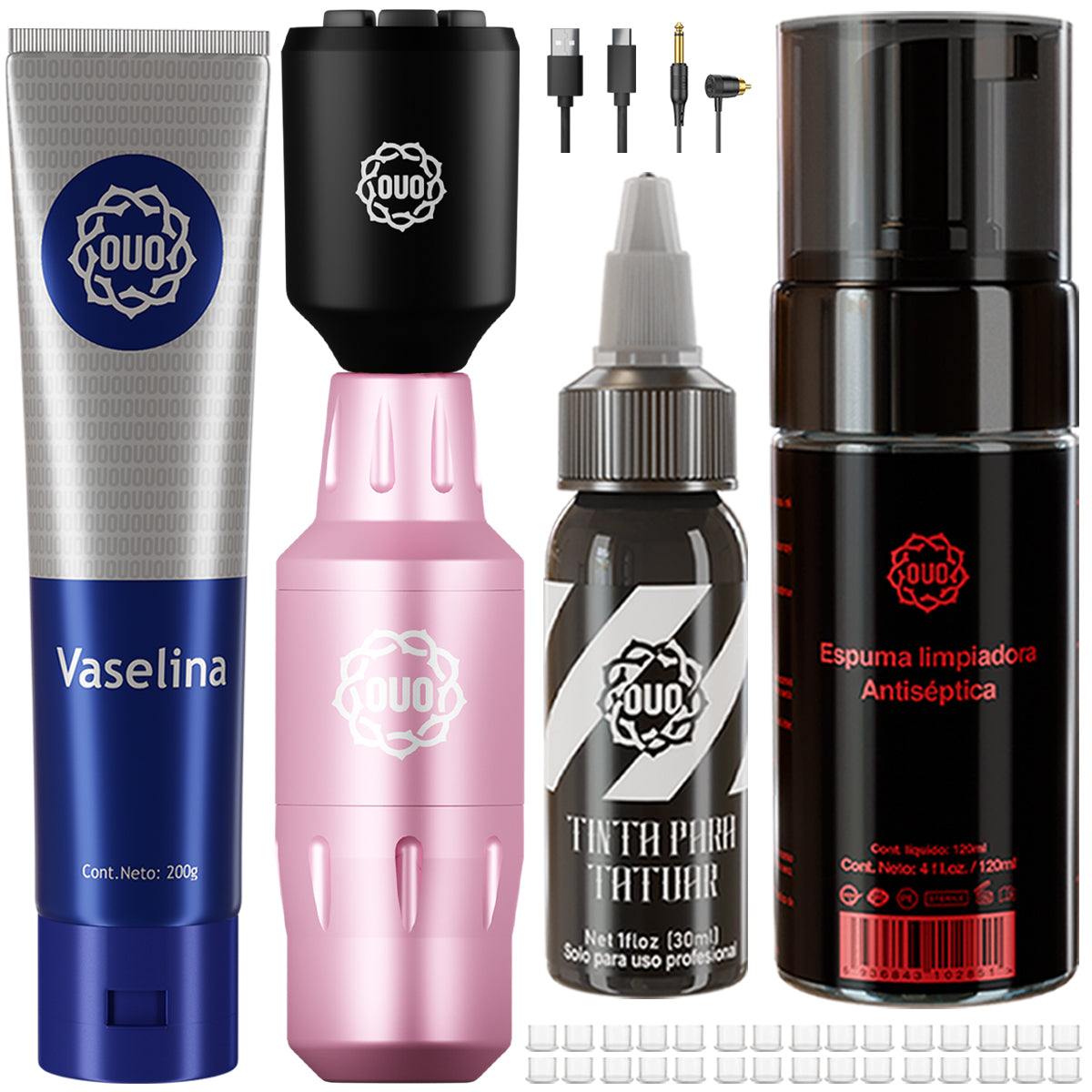 Kit de Tatuaje OUO Profesional con Máquina mini Fuow y Batería Inalambrica. Tinta Negra, Espuma Limpiadora, Vaselina y Accesorios